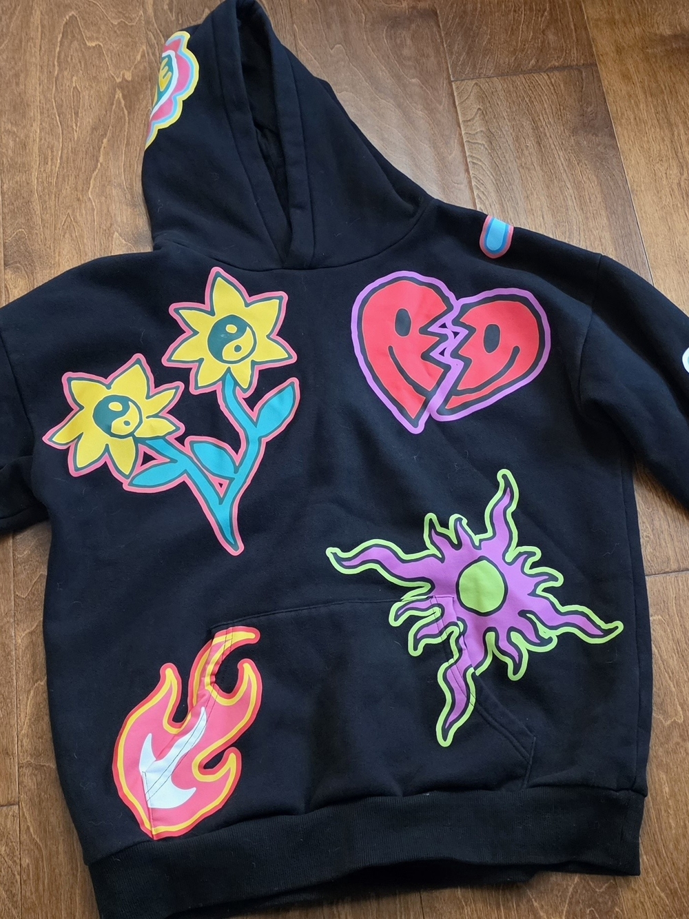 PacSun Black Hoodie with Neon Floral, Heart & Flame Graphics M